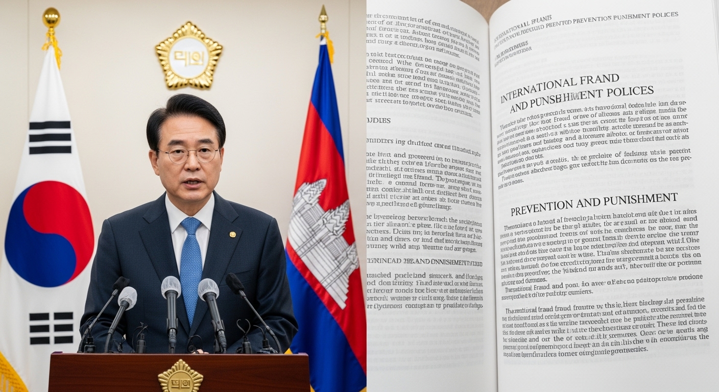 강화된 법적 대응과 제도 개선 노력 - 한국 검찰이 캄보디아와 한국 국기를 배경으로 기자회견하는 모습과 국제 사기 방지 법규가 적힌 법전.