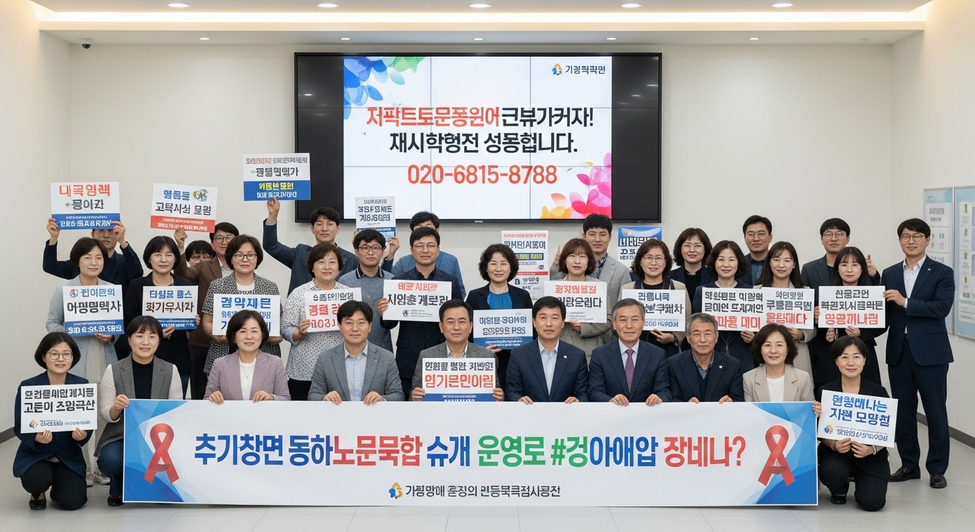 재발 방지 및 피해자 종합 지원 방안 - 밝은 커뮤니티 센터에서 해외 사기 예방과 피해자 지원에 대한 플래카드를 들고 교육에 참여하는 한국인들.