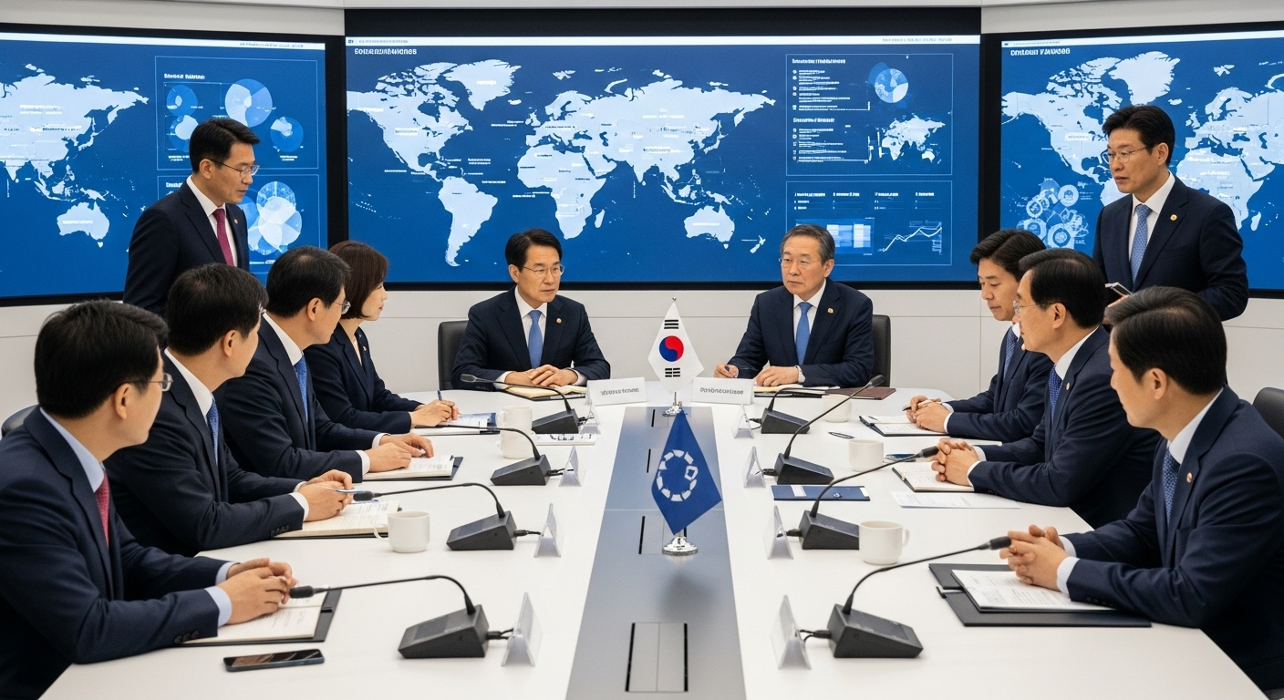 재생원료 의무화 논의의 배경 및 글로벌 동향 - 여러 국적의 정책 입안자들이 모여 전기차 배터리 재활용 및 재생원료 의무화 정책에 대해 활발히 토론하는 국제 회의 모습