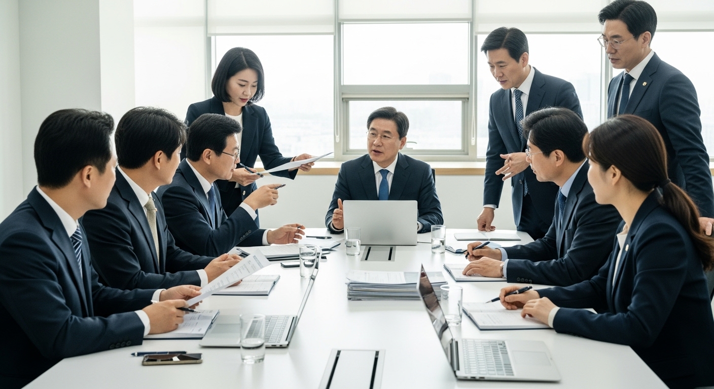 국내 의무화 추진 현황 및 주요 쟁점 - 한국 정부 관계자, 배터리 산업 전문가, 환경 운동가들이 모여 전기차 폐배터리 재생원료 의무화 법안을 두고 열띤 토론을 벌이는 회의 장면