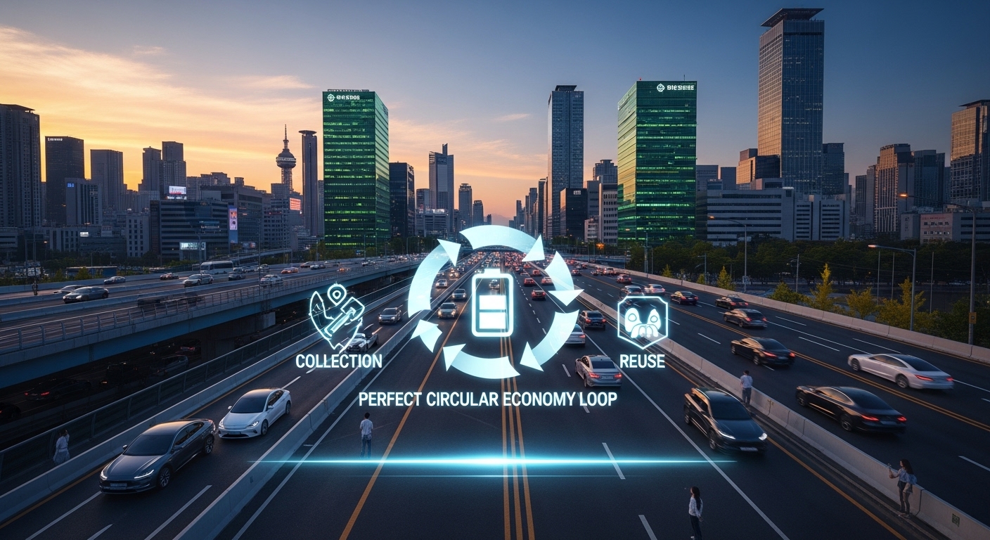 재생원료 의무화의 기대 효과와 미래 과제 - 한국의 미래 도시 전경과 함께 전기차 배터리 순환 경제를 나타내는 홀로그램 차트가 떠오르는 모습