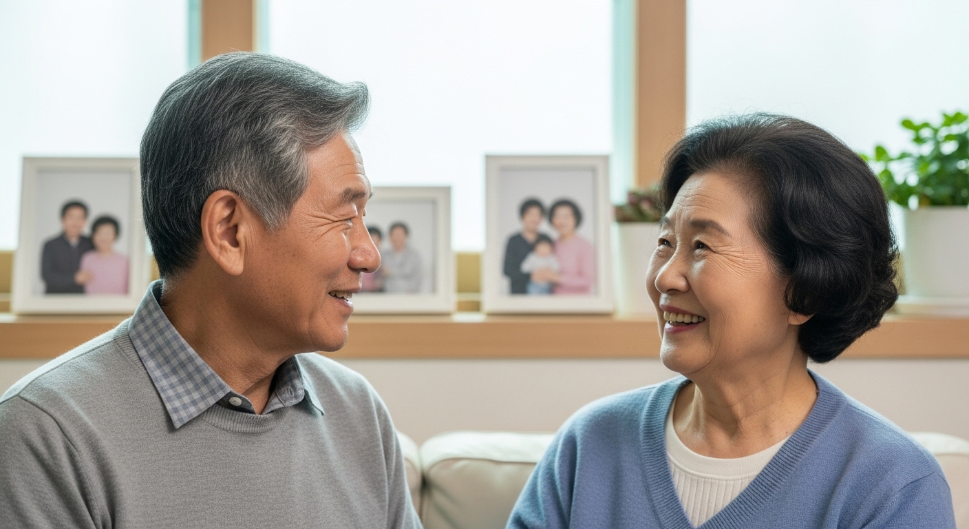 알츠하이머 치료 환경 변화와 AR1001의 잠재적 영향 - 희망찬 분위기에서 한국인 노부부가 함께 행복한 시간을 보내는 모습.