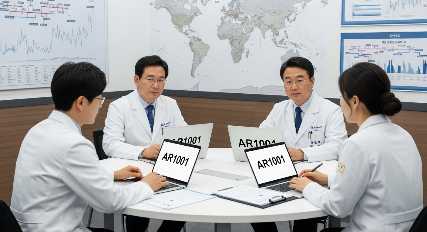 향후 전망 및 성공적인 상용화를 위한 과제 - 아리바이오의 한국인 임원들이 회의실에서 신약의 글로벌 상용화 전략을 논의하는 모습.
