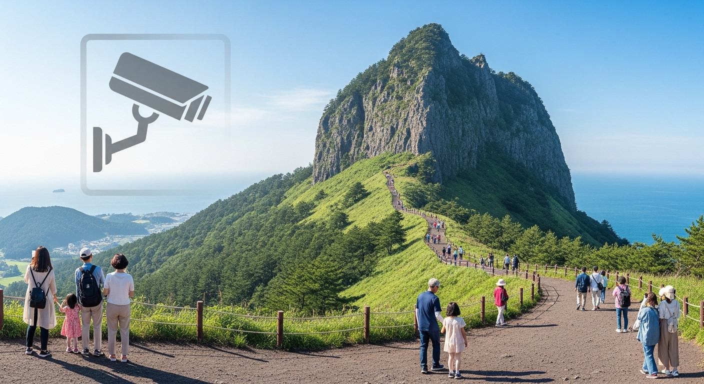 제주도 관광 이미지와 보안 강화 노력 - 성산일출봉의 아름다운 전경 위에 보안 카메라 아이콘이 subtly 겹쳐져, 안전이 강화된 관광지를 나타내는 모습.