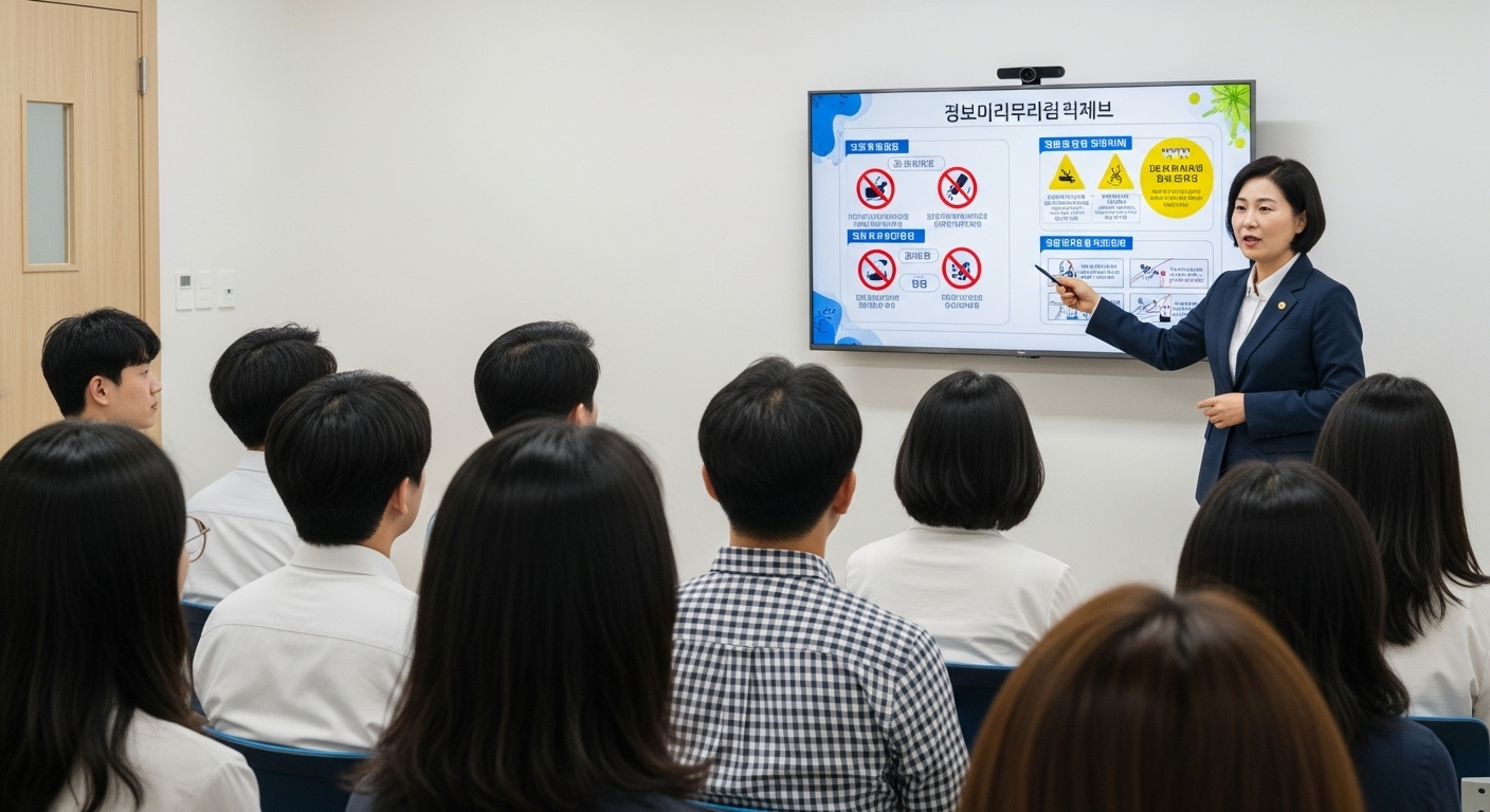 마약류 범죄 예방을 위한 정부 및 지자체 노력 - 다양한 연령대의 한국인들이 지역 사회 센터에 모여 공무원의 마약 예방 교육을 경청하는 모습.