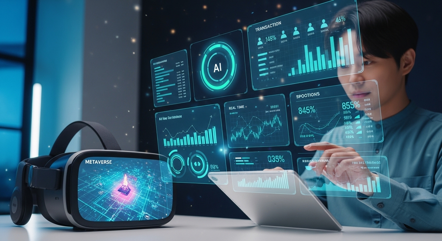 AI 기반 투자 분석 및 가치 평가 모델 - 가상현실 헤드셋이 메타버스 토지를 보여주고 있으며, AI가 홀로그램 데이터 시각화를 투영하는 가운데, 한국인 데이터 과학자가 태블릿으로 분석하는 모습.