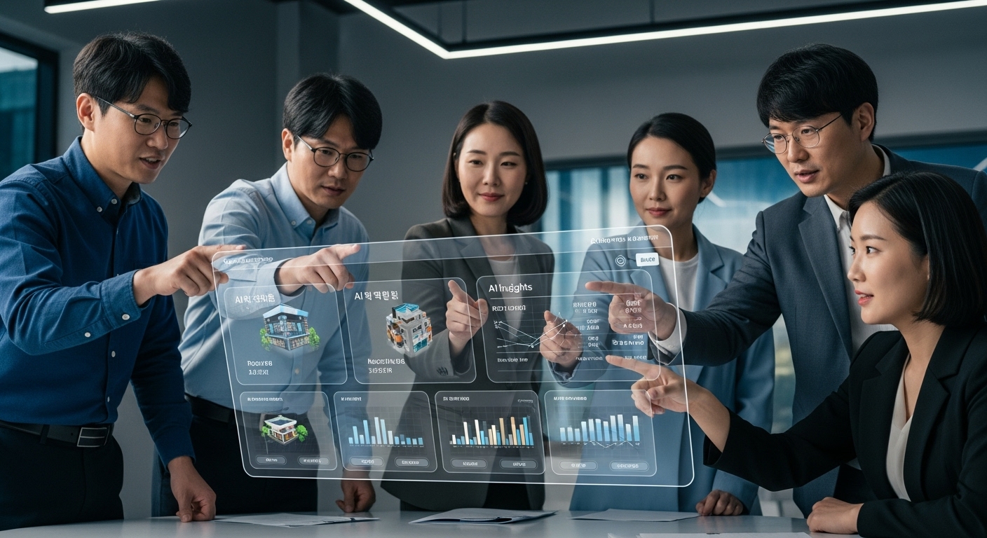 실전! AI 활용 메타버스 부동산 투자 전략 - 다양한 연령대의 한국인 투자자들이 대형 인터랙티브 스크린에서 메타버스 부동산을 토론하며 AI 분석 자료를 확인하는 모습.