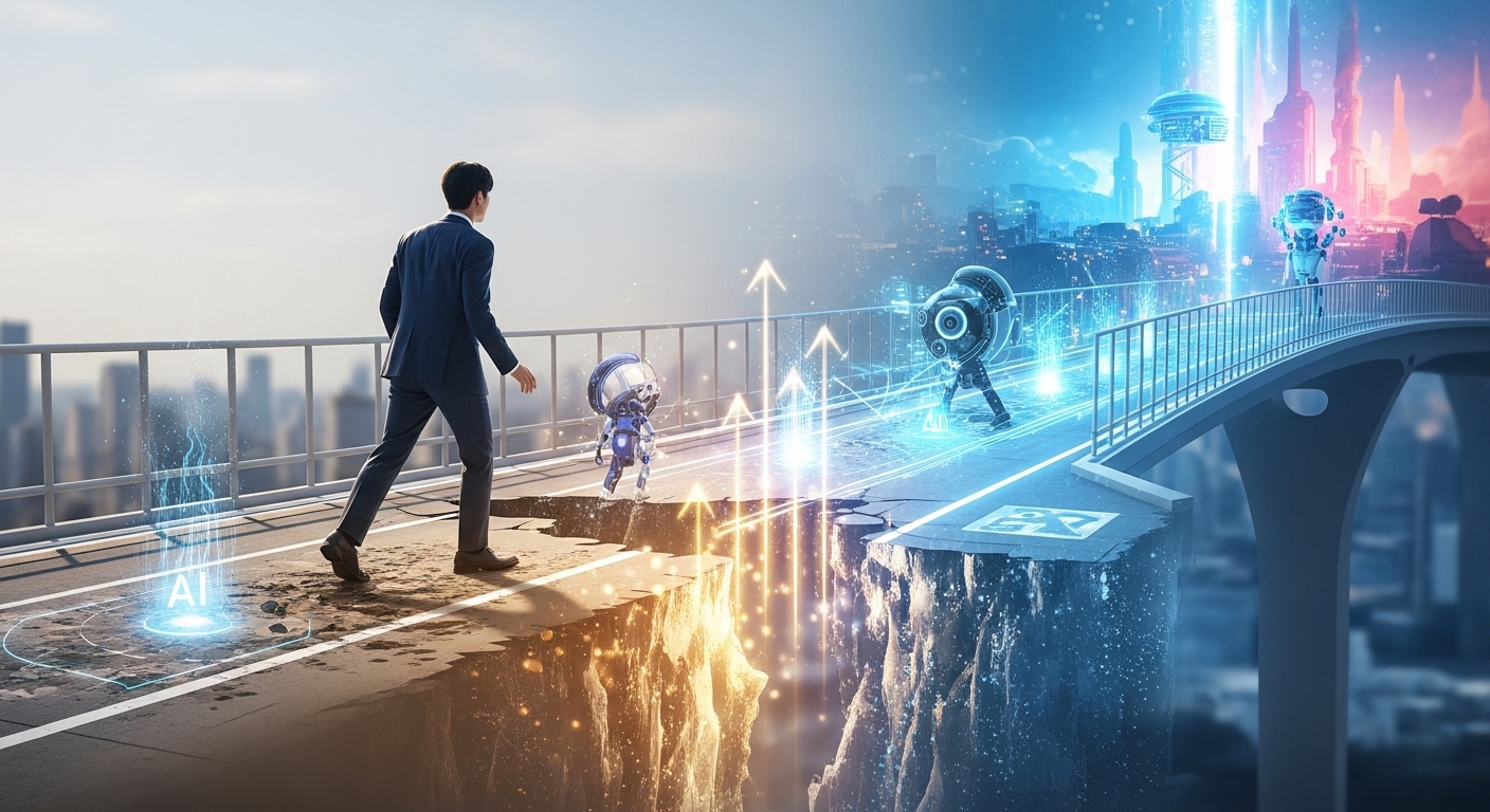 도전과제 및 성공적인 투자를 위한 제언 - 현실 세계와 메타버스를 잇는 다리 위에서 한국인 인물이 조심스럽지만 낙관적으로 디지털 세계로 발걸음을 내딛는 모습, AI 요소가 길을 안내하는 컨셉.