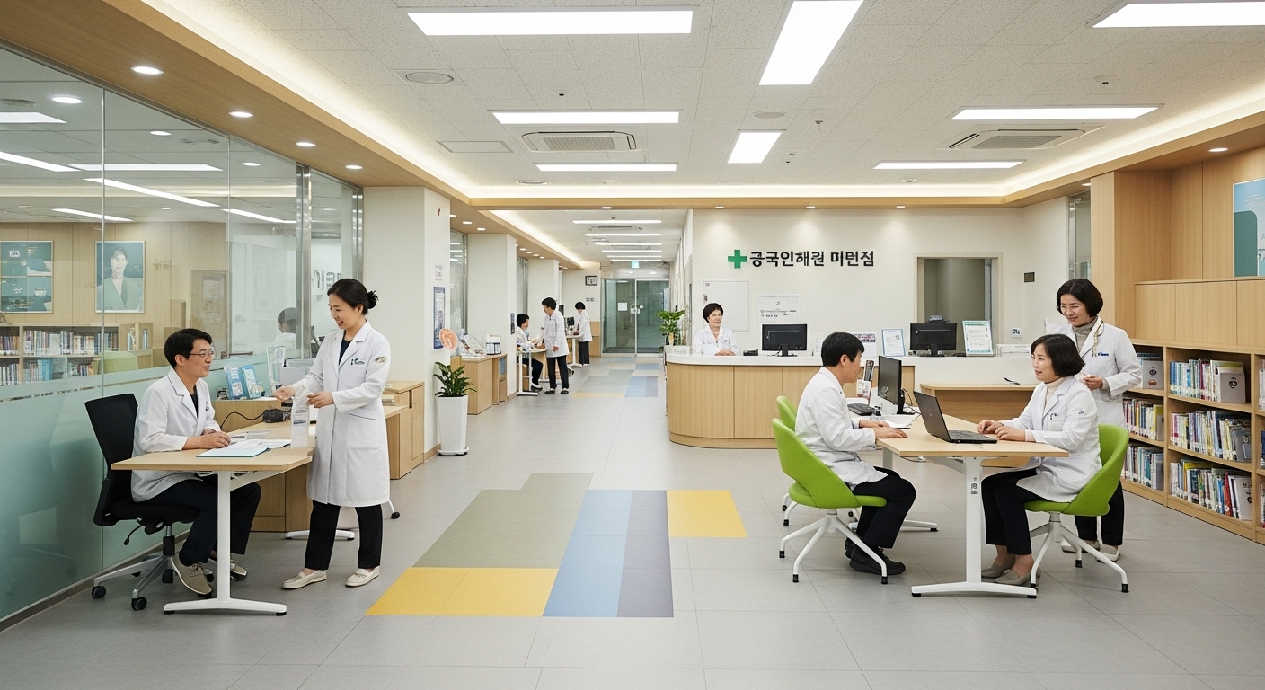 지역 및 공공의료 인프라 확충 방안 - 지방 도시의 현대적인 보건소에서 한국인 주민들이 건강 서비스를 이용하는 모습