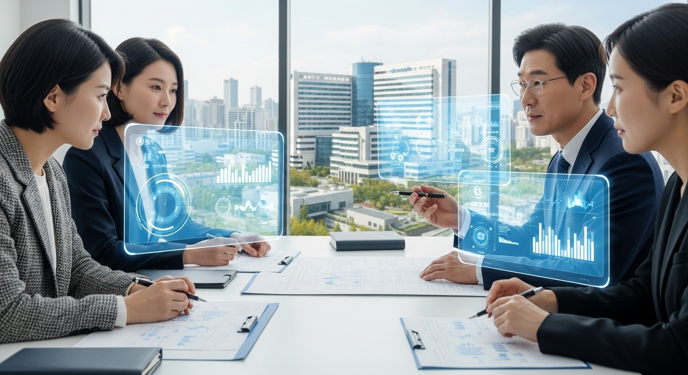 지속 가능한 필수 의료 체계 구축을 위한 장기적 과제 - 한국인 전문가들이 미래 의료 시스템 청사진을 보며 토론하는 모습