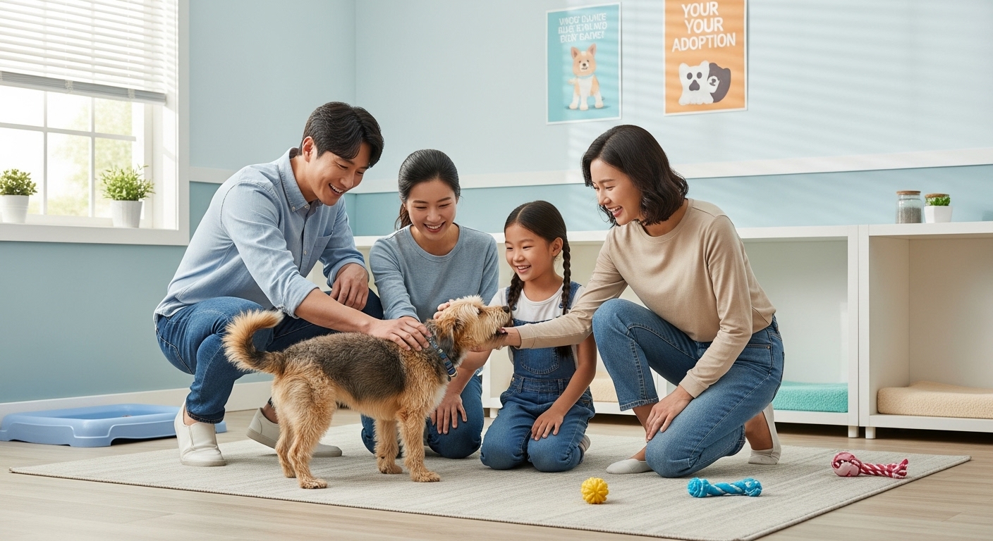 새로운 가족을 맞이하는 길: 입양 절차와 준비사항 - 동물보호센터 입양 구역에서 한국인 가족(아빠, 엄마, 딸)이 작은 개와 즐겁게 교감하고 있는 모습. 개는 꼬리를 흔들고 있고, 가족들은 미소를 지으며 개를 쓰다듬고 있다. 밝고 환영하는 분위기가 긍정적인 입양 경험을 시사한다.