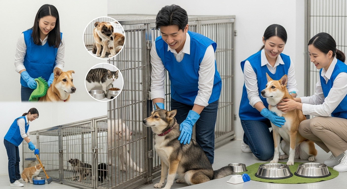 화성시 동물보호센터와 함께하는 자원봉사 및 후원 활동 - 다양한 한국인 자원봉사자들이 동물보호센터에서 웃으며 여러 활동에 적극적으로 참여하는 모습. 한 명은 개집을 청소하고, 다른 한 명은 고양이 사료 그릇을 채우고, 또 다른 한 명은 개를 다정하게 쓰다듬고 있다. 따뜻하고 협력적인 분위기 속에서 동물들은 편안해 보인다.