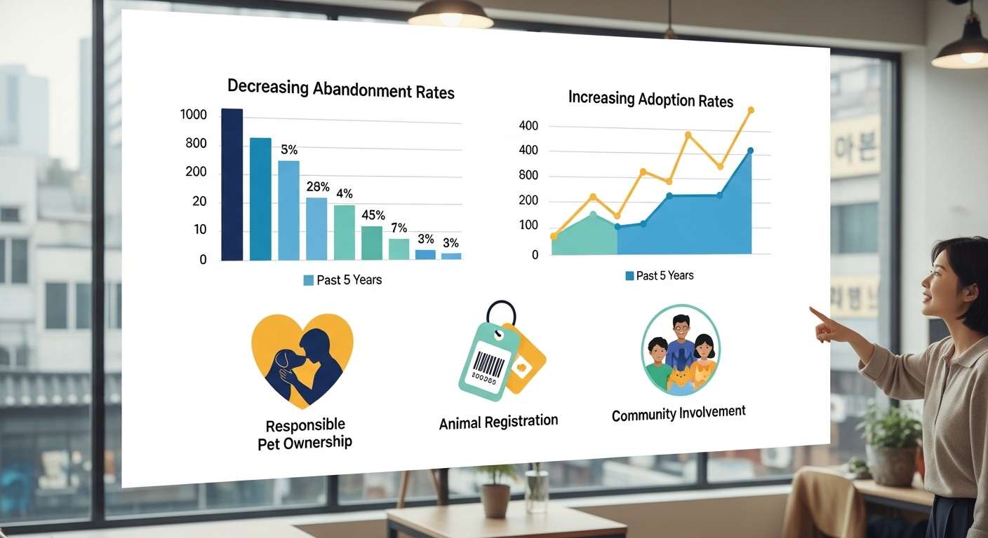 2025년 화성시 유기동물 현황 및 미래 정책 방향 - 한국 도시 환경에서 유기동물 추세를 보여주는 양식화된 인포그래픽. 막대 차트와 선 그래프는 감소하는 유기율과 증가하는 입양률을 보여준다. 아이콘은 책임감 있는 반려동물 소유, 동물 등록, 지역사회 참여를 나타낸다. 전반적인 디자인은 현대적이고 희망적이다.