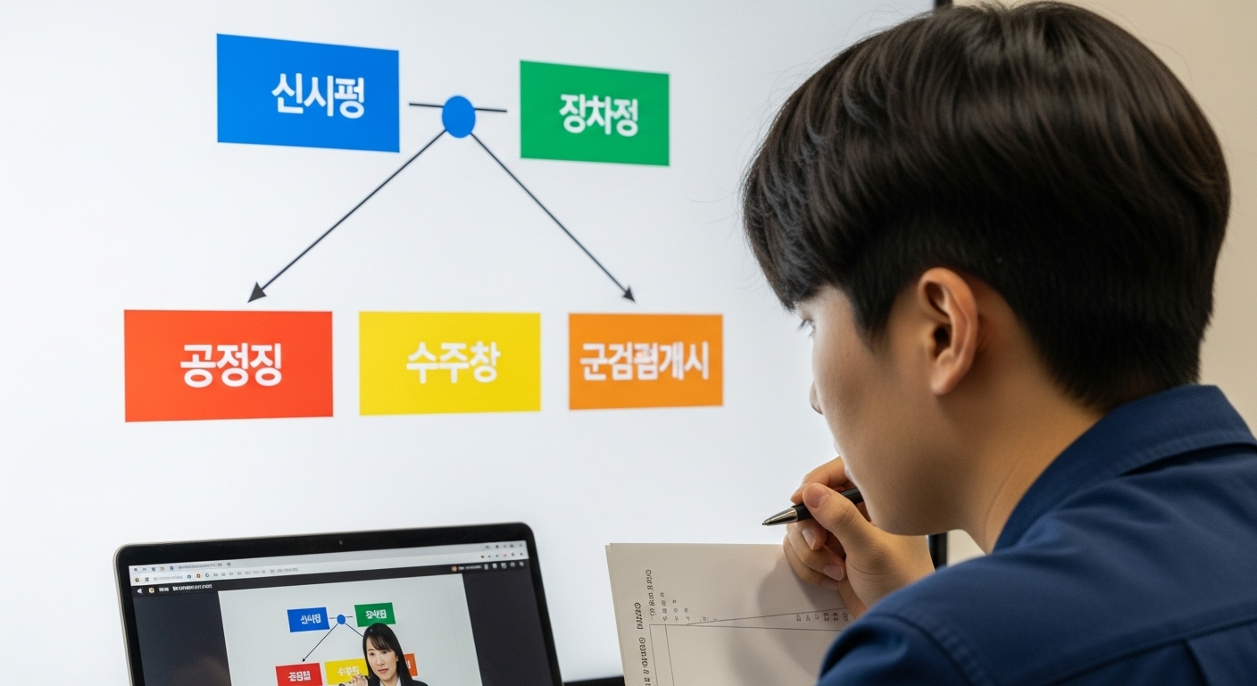 질문 유형별 효과적인 답변 구성 - 한국인 학생이 다양한 질문 유형을 나타내는 다이어그램 앞에서 노트북을 보며 답변을 준비하는 모습