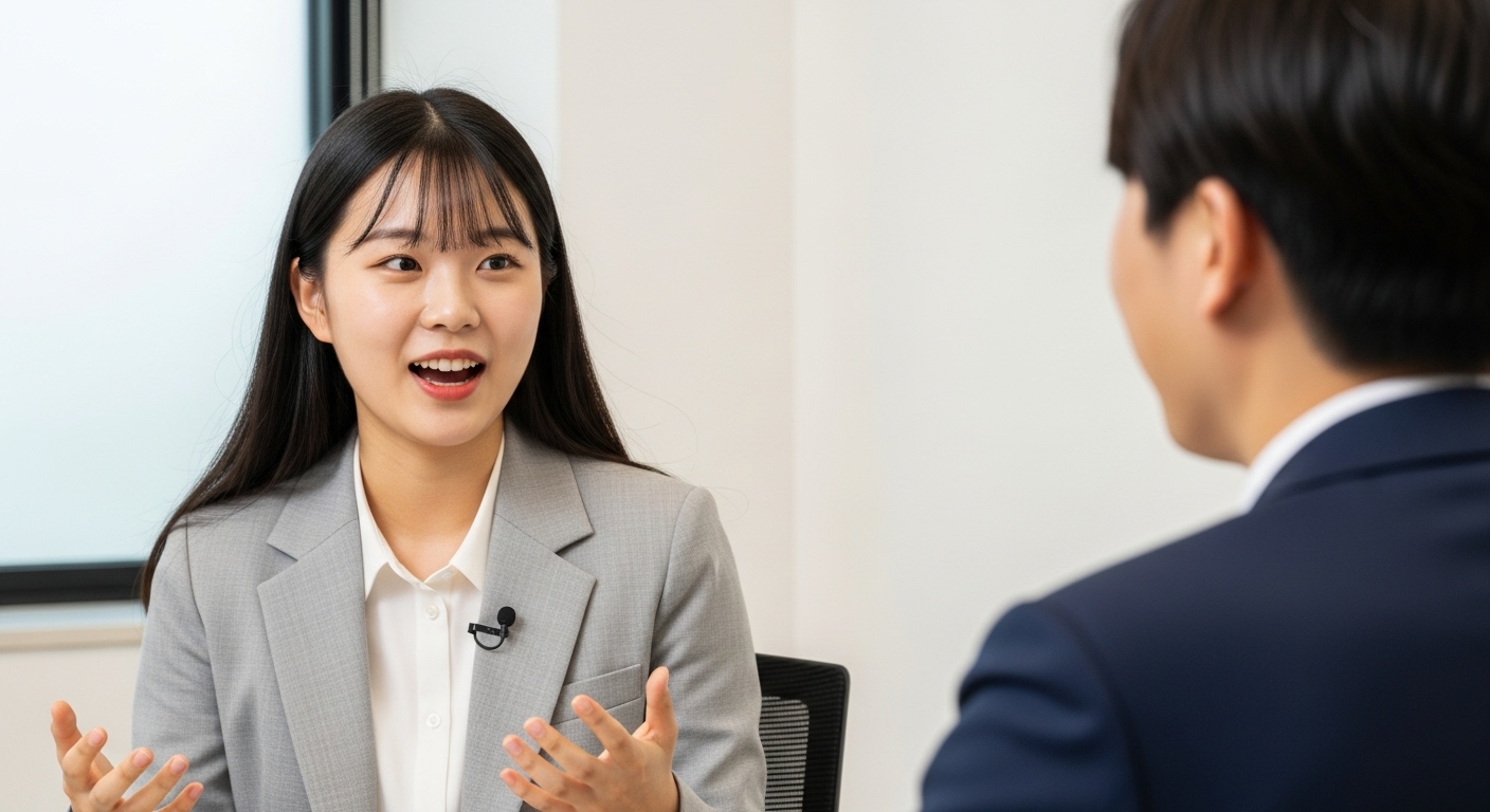 나만의 스토리텔링으로 차별화하기 - 한국인 학생이 면접관에게 자신의 경험을 열정적으로 이야기하며 생생한 표정을 짓는 모습