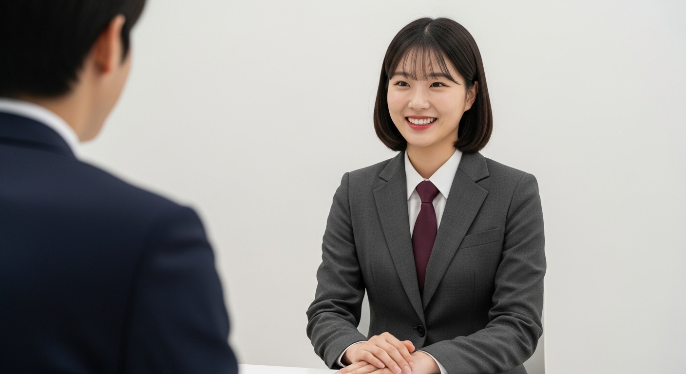 비언어적 요소와 면접 후 관리 - 한국인 학생이 단정한 복장으로 면접관과 눈을 맞추며 자신감 있는 자세로 앉아있는 모습