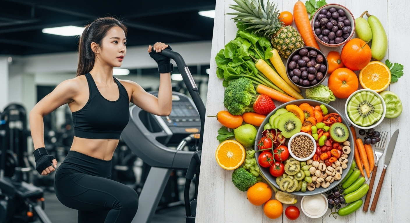 총콜레스테롤 수치 개선을 위한 생활 습관 전략 - 건강한 식단을 준비하고 운동하는 한국인 여성의 모습