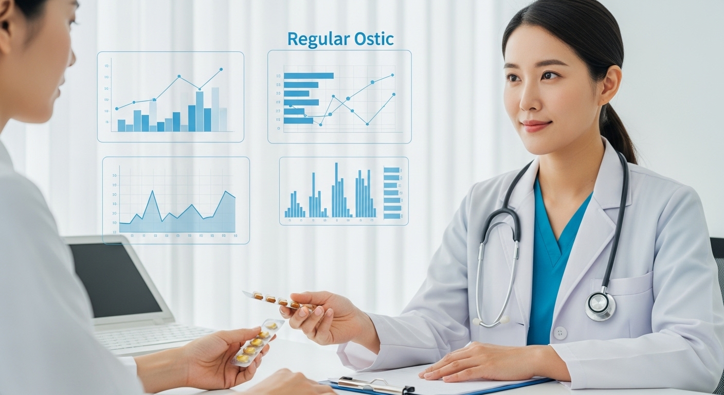 약물 치료 및 정기적인 추적 관리의 중요성 - 의사가 환자에게 약물 치료와 정기 검진의 중요성을 설명하는 모습