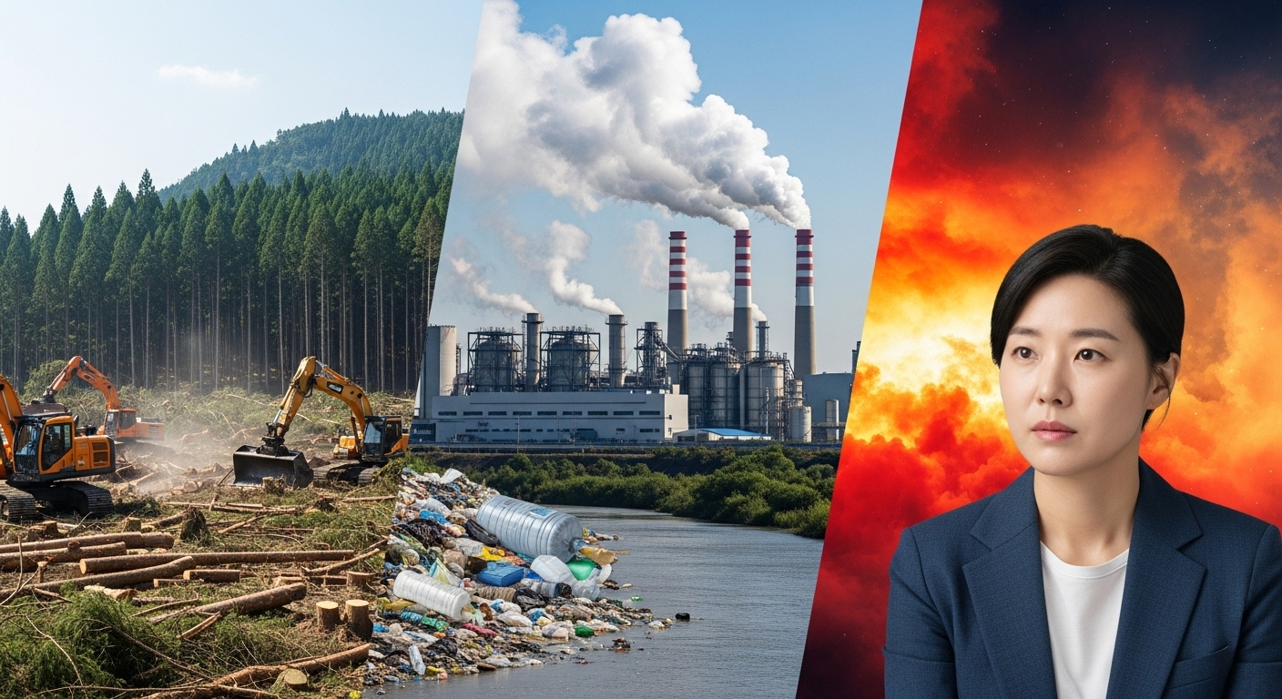 멸종위기종 발생의 주요 원인 분석 - 벌목, 공장 매연, 플라스틱 오염, 지구 온난화 등 인간 활동으로 인한 서식지 파괴와 오염을 보여주는 복합적인 이미지. 한국인 연구원이 우려하는 표정으로 이를 바라보고 있다.