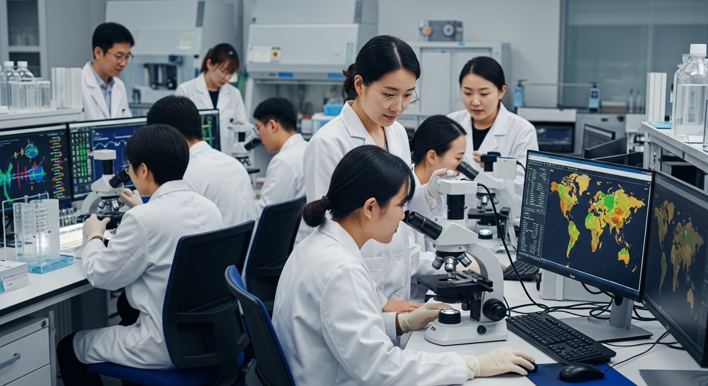 멸종위기종 보호를 위한 국내외 노력과 성과 - 한국인 연구원과 국제 보전 전문가들이 현대적인 연구실에서 멸종위기종 보호를 위해 협력하여 샘플을 연구하고 데이터를 분석하는 모습. 유전자 서열과 글로벌 보전 지도가 화면에 표시된다.