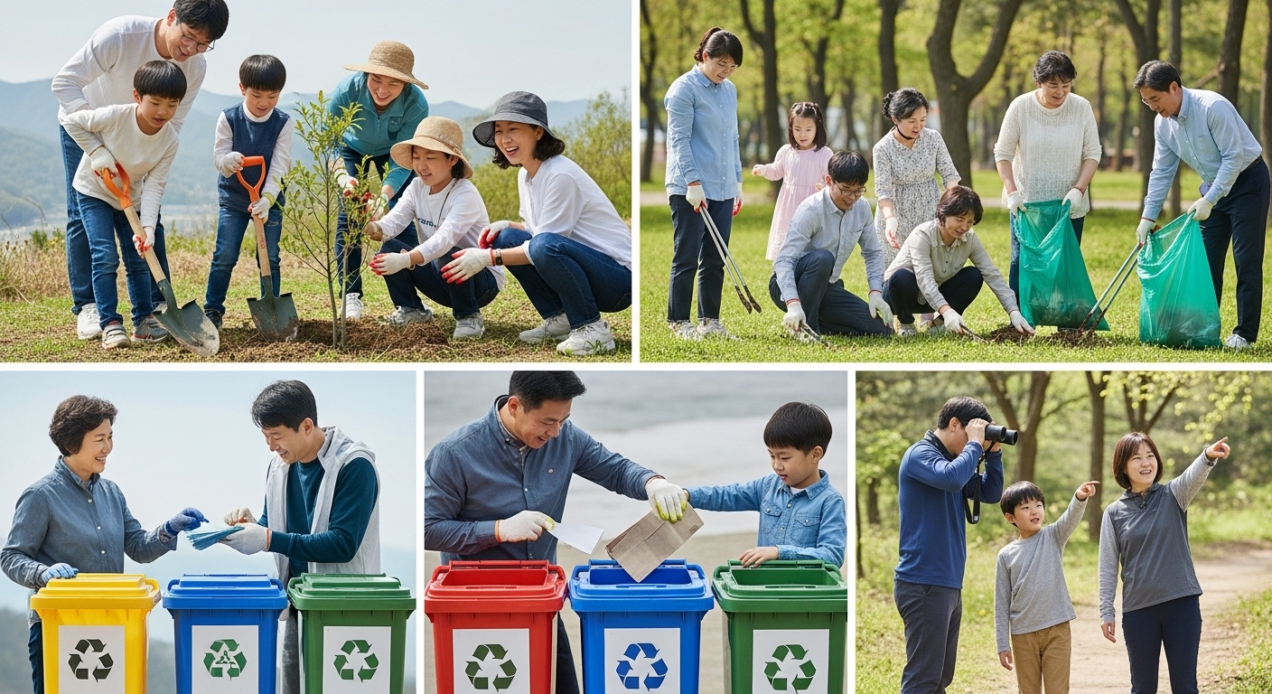 우리가 실천할 수 있는 멸종위기종 보호 방안 - 모든 연령대의 다양한 한국인들이 나무 심기, 공원 청소, 재활용, 자연 관찰 등 야외에서 환경 보호 활동에 참여하는 긍정적이고 협력적인 모습.