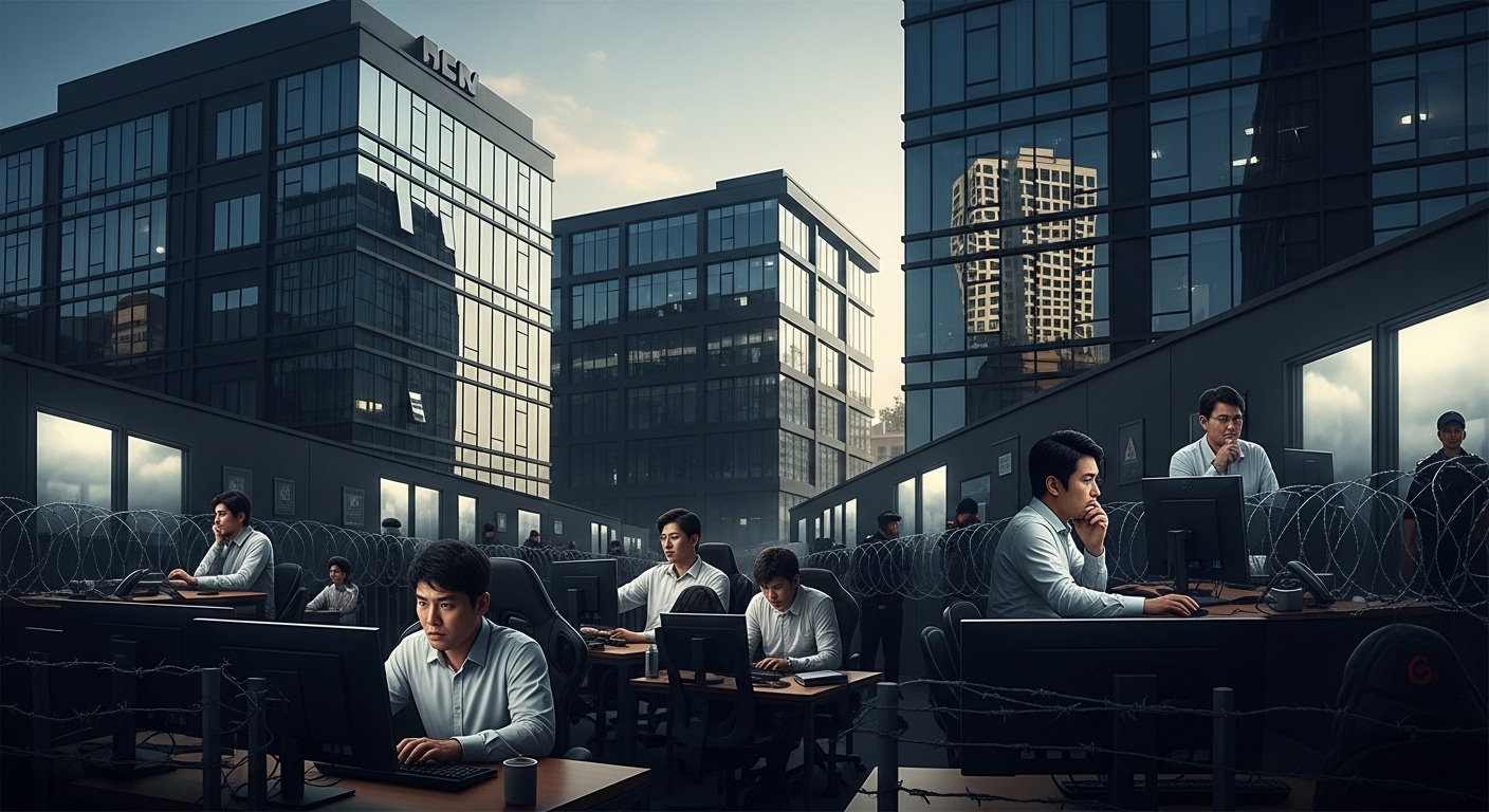 캄보디아 범죄단지의 실태와 한국인 가담 현황 - 캄보디아 외곽의 범죄 단지 건물에서 컴퓨터를 조작하는 한국인 남성들, 주변에는 삼엄한 경비가 보인다.