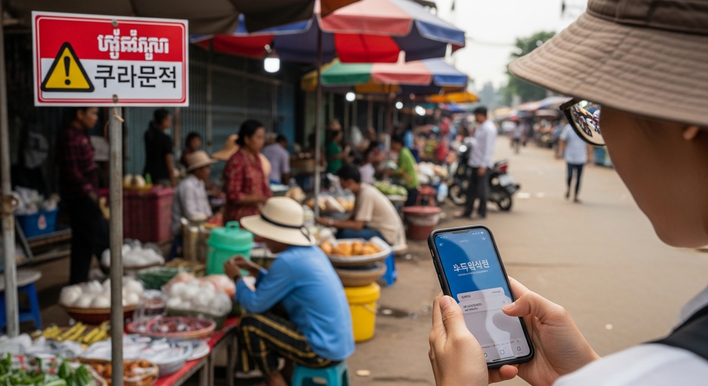 캄보디아 방문 및 체류 시 주의사항과 예방책 - 캄보디아 시장에서 스마트폰으로 안전 여행 정보를 확인하는 한국인 여행자, 주변에는 사기 주의 경고 표지판이 보인다.