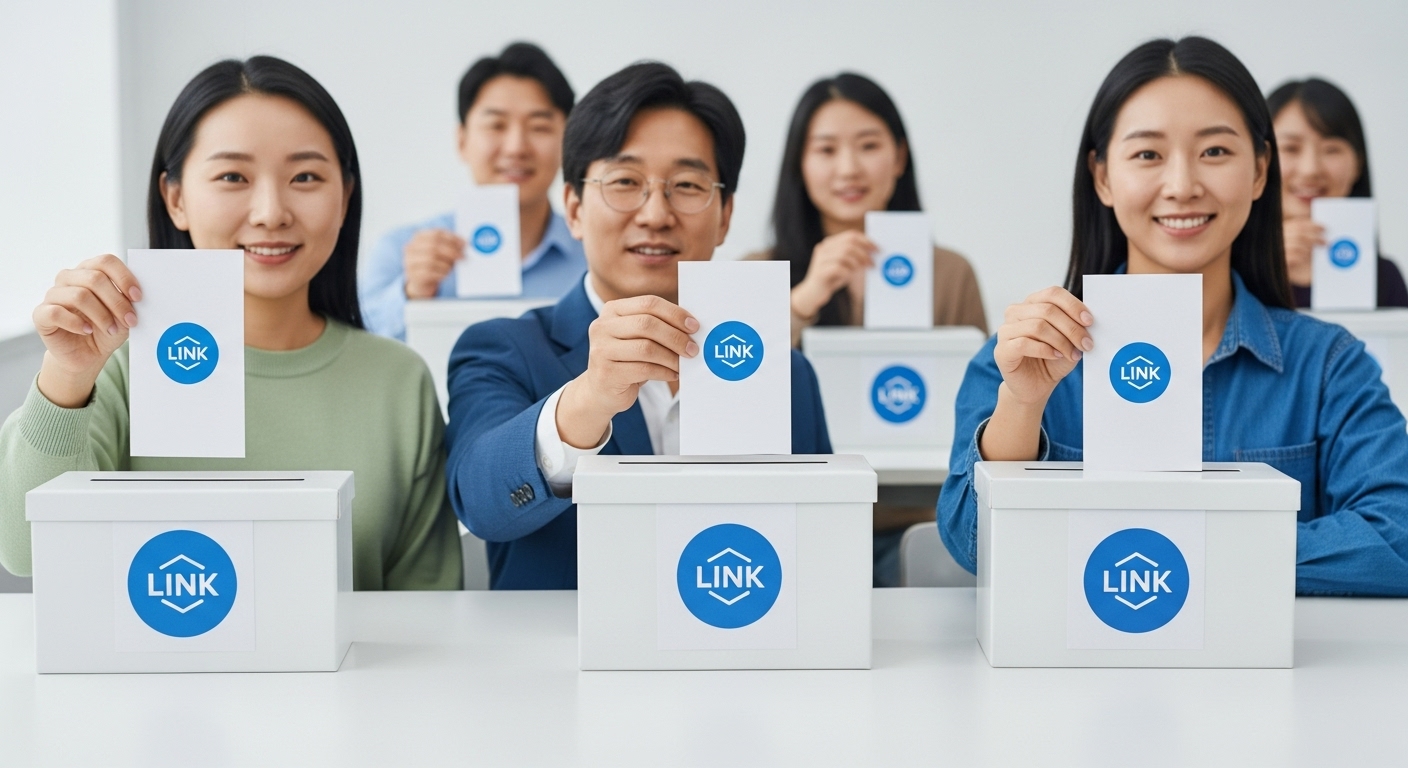 LINK 토큰의 경제적 가치와 탈중앙화 거버넌스 기여 - 다양한 한국인들이 LINK 토큰 아이콘이 있는 투표 용지를 들고 탈중앙화 거버넌스에 참여하는 모습.