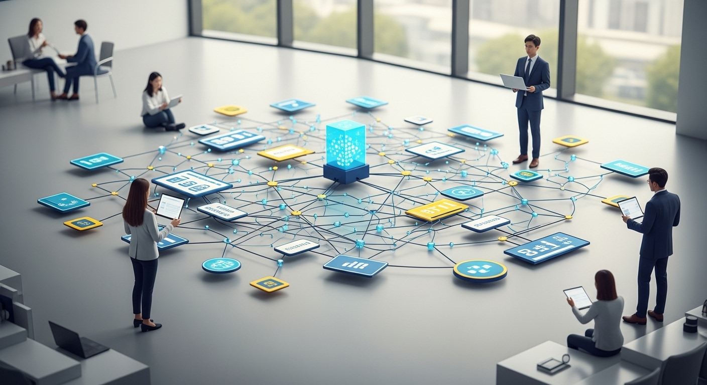 체인링크의 탈중앙화, 그 핵심 원리와 기술적 진보 - 복잡하게 얽힌 노드들이 데이터를 교환하고 검증하는 탈중앙화 네트워크의 모습.