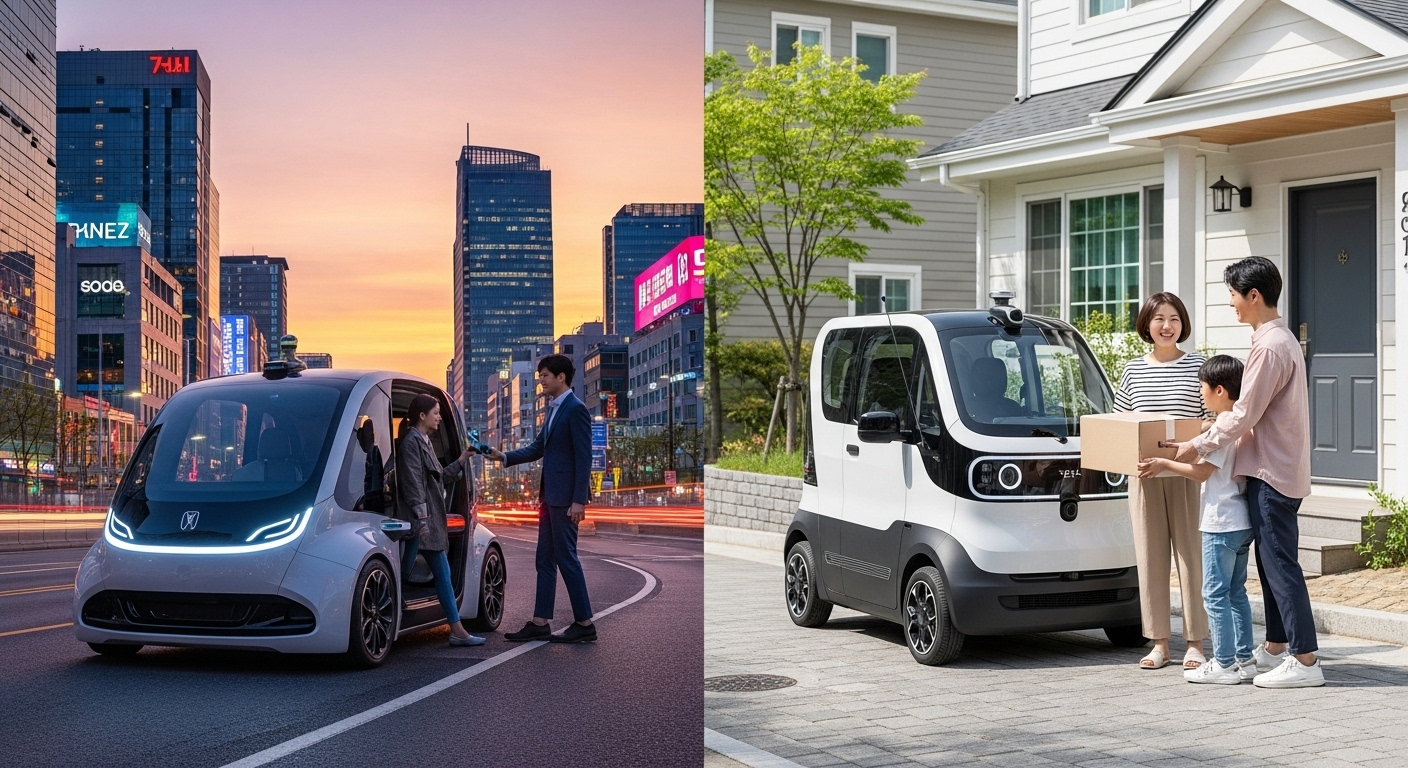 다양한 자율주행 서비스 유형과 상용화 전략 - 로보택시가 승객을 태우는 모습과 자율주행 배송 로봇이 한국인 가족에게 소포를 전달하는 모습이 분할된 이미지.