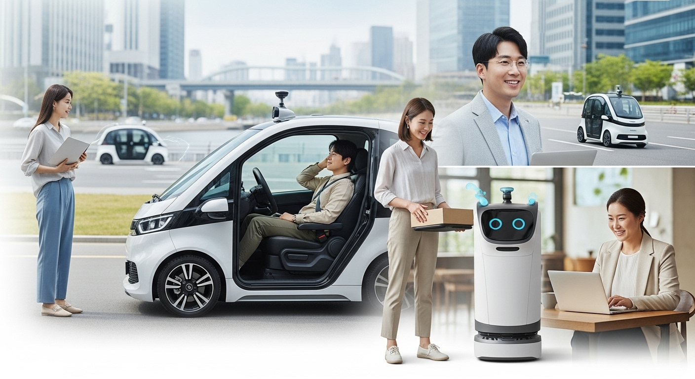 자율주행 서비스 도입의 사회적, 경제적 파급효과 - 다양한 한국인들이 로보택시를 이용하거나 자율주행 배송 로봇과 상호작용하며 자율주행 서비스가 가져올 긍정적인 사회적 변화를 보여주는 도시 풍경.