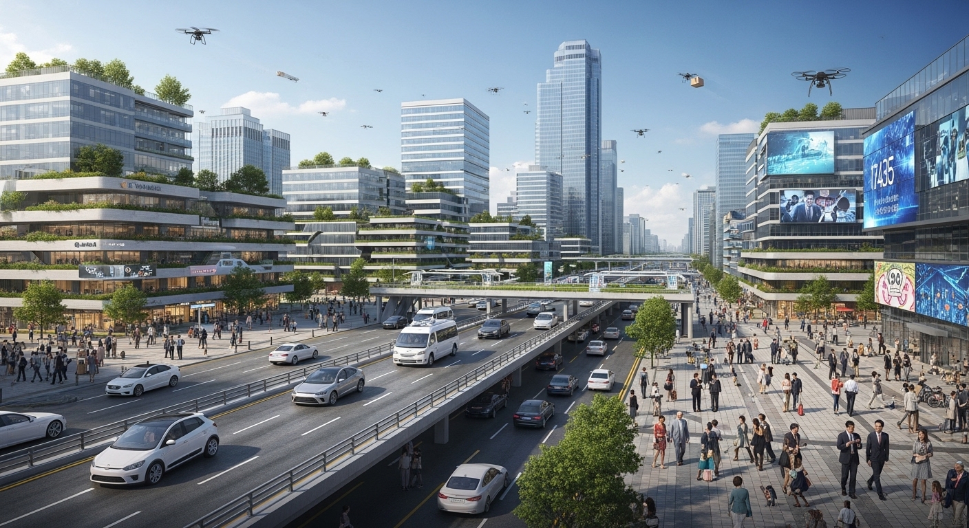 2025년 이후 자율주행 서비스의 미래 전망과 도전 과제 - 2035년 스마트 도시에서 자율주행차와 드론이 오가는 미래 도시 풍경, 다양한 한국인 시민들이 기술이 통합된 환경을 누리고 있다.