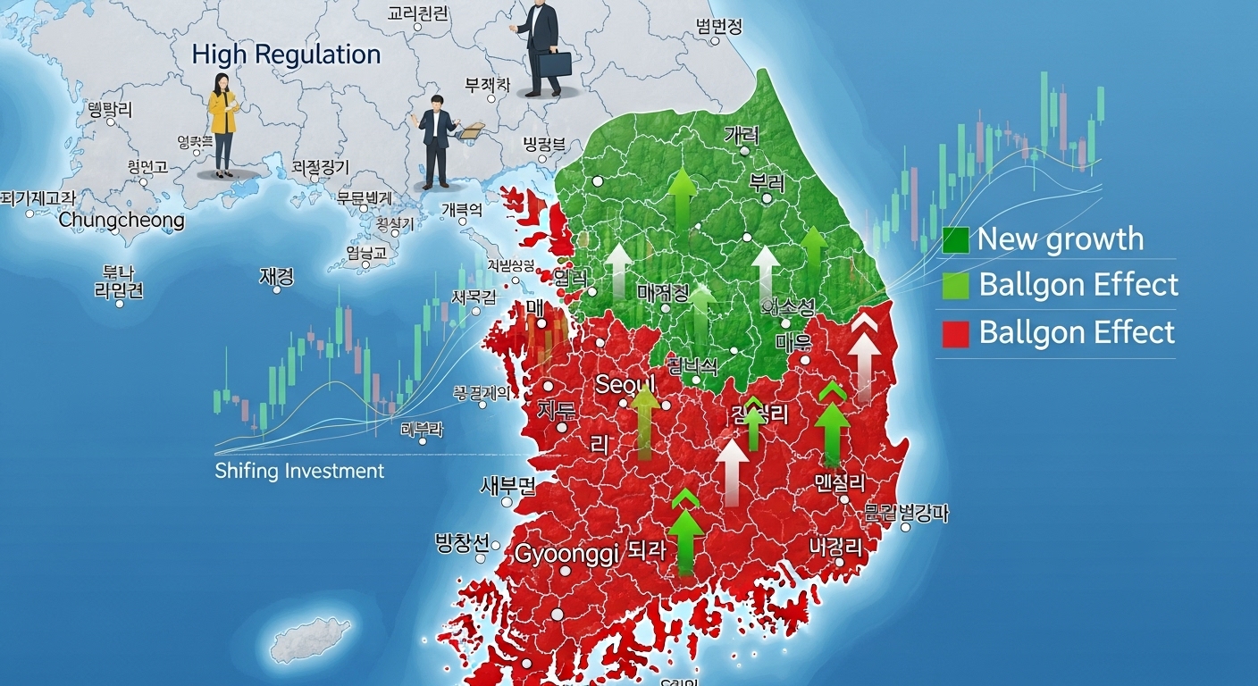 2025년 주요 부동산 대책과 풍선효과의 양상 - 한국 지도를 배경으로 서울 및 수도권 일부 지역은 규제 강화로 붉게, 충청도나 강원도 등 인근 지역은 풍선효과로 인해 부동산 가격이 상승하는 모습을 다채로운 색상과 상승 화살표로 시각화한 이미지