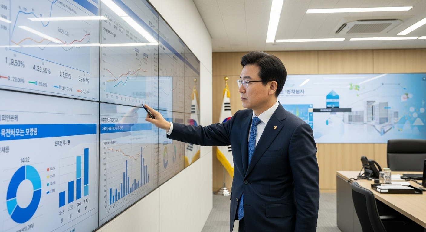 합리적인 투자 및 정부 정책의 미래 방향성 - 정부 정책 결정자가 대형 스크린에 복잡한 부동산 시장 데이터를 띄워놓고 주택 시장의 균형을 맞추기 위해 정책 그래프를 신중하게 조정하는 모습