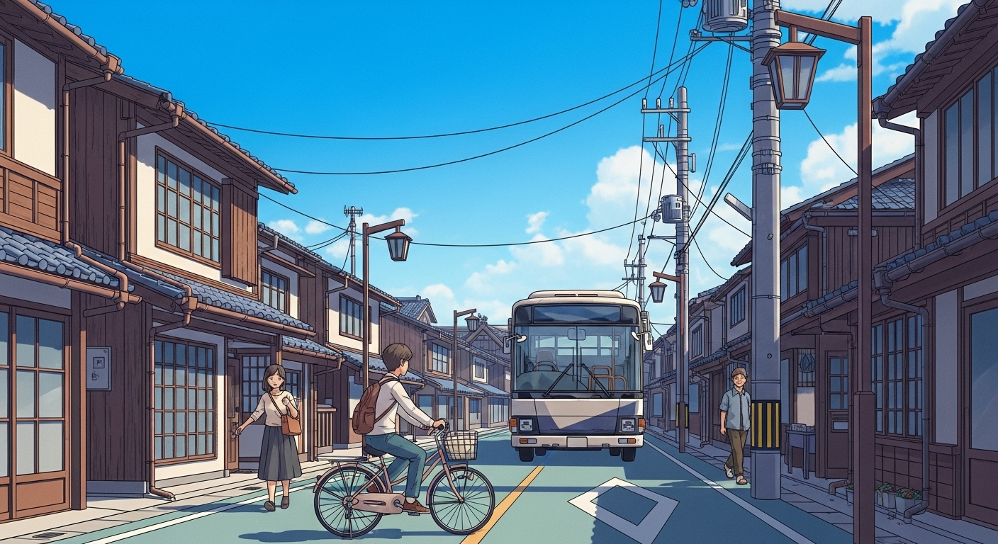 현지 교통비, 스마트하게 아끼는 방법 - 일본 소도시 길거리에서 자전거를 타거나 걷는 사람들, 그리고 지나가는 버스의 모습