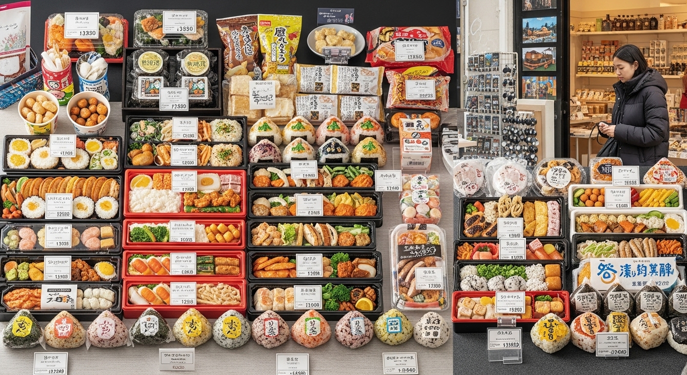 식비와 쇼핑, 현명한 소비 전략 - 일본 편의점의 도시락과 오니기리, 간식들이 진열되어 있고, 배경에는 기념품 상점에서 쇼핑하는 사람의 모습