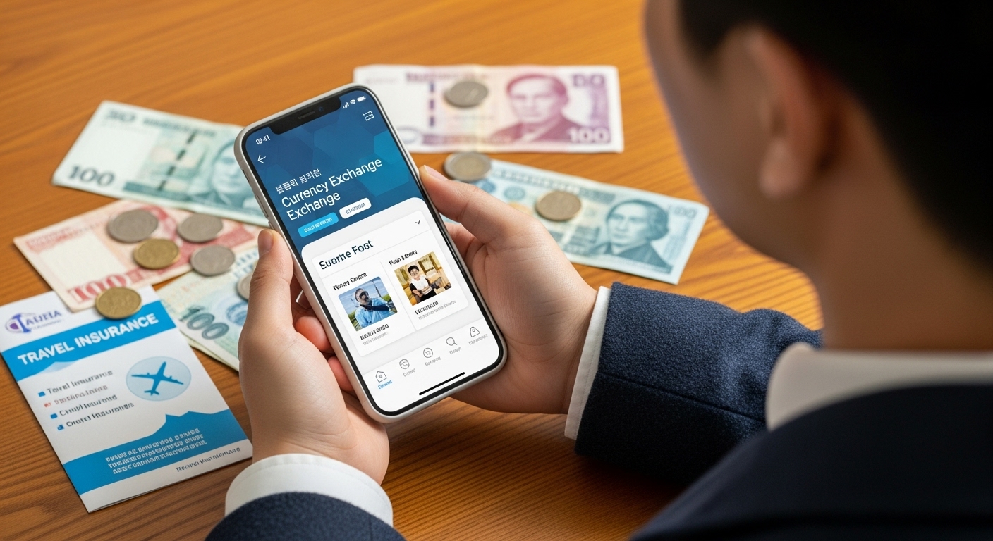 숨겨진 비용 줄이기 및 현명한 환전 - 스마트폰으로 환율 앱을 보고 있는 손과 여러 외국 지폐, 동전, 여행자 보험 안내서가 놓인 모습
