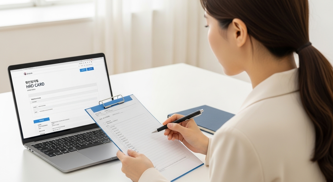 신청 절차와 주의사항 - 한 한국 여성이 2025년 내일배움카드 훈련 신청을 위해 정부 웹사이트를 보며 서류를 꼼꼼히 확인하고 있는 모습