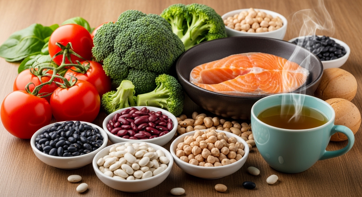 과학적으로 입증된 전립선 건강 핵심 식품 - 나무 테이블 위에 토마토, 브로콜리, 콩류, 연어, 녹차 등 전립선 건강에 좋은 음식들이 보기 좋게 놓여 있는 모습