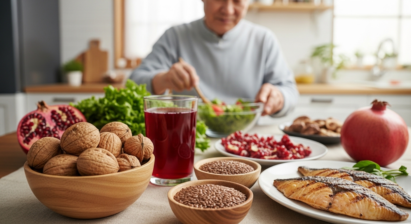 전립선 건강을 위한 추가 식단 제안 및 유의사항 - 호두, 아마씨, 석류 주스, 구운 등푸른생선이 놓인 식탁에서 한국 남성이 샐러드를 준비하는 모습
