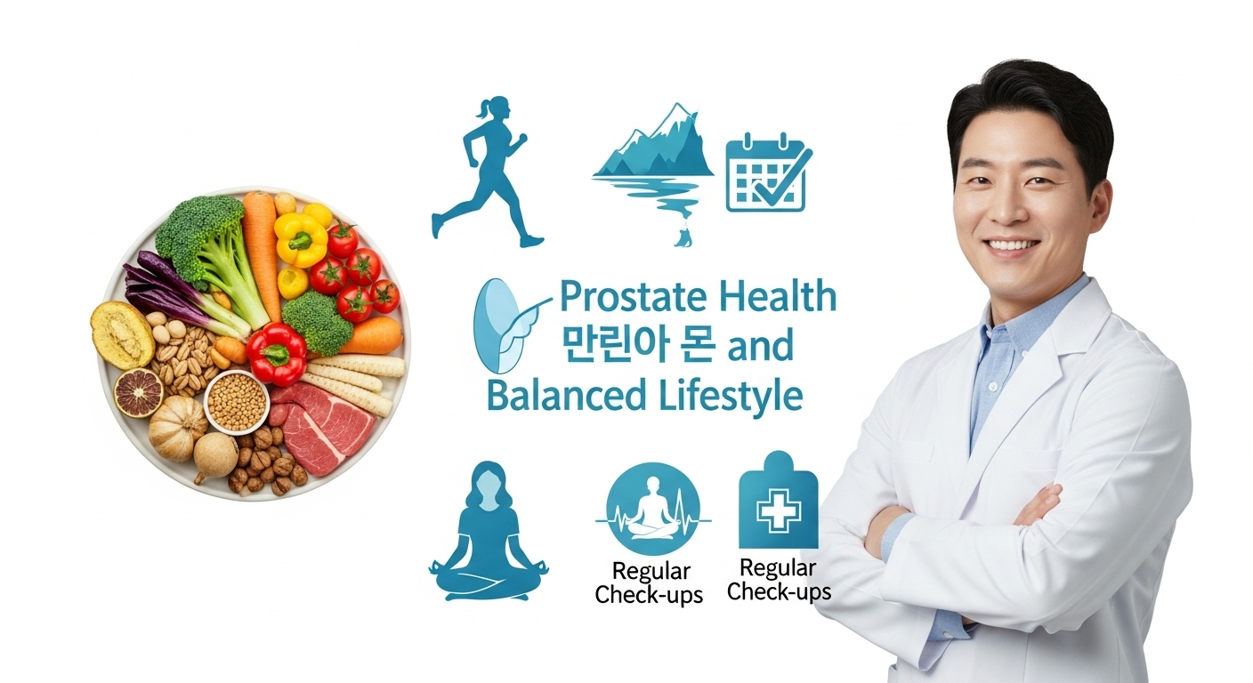 2025년 최신 연구 동향 및 전립선 건강 생활 습관 조언 - 건강한 식단, 조깅, 명상, 정기 검진을 나타내는 인포그래픽과 미소 짓는 한국 남성