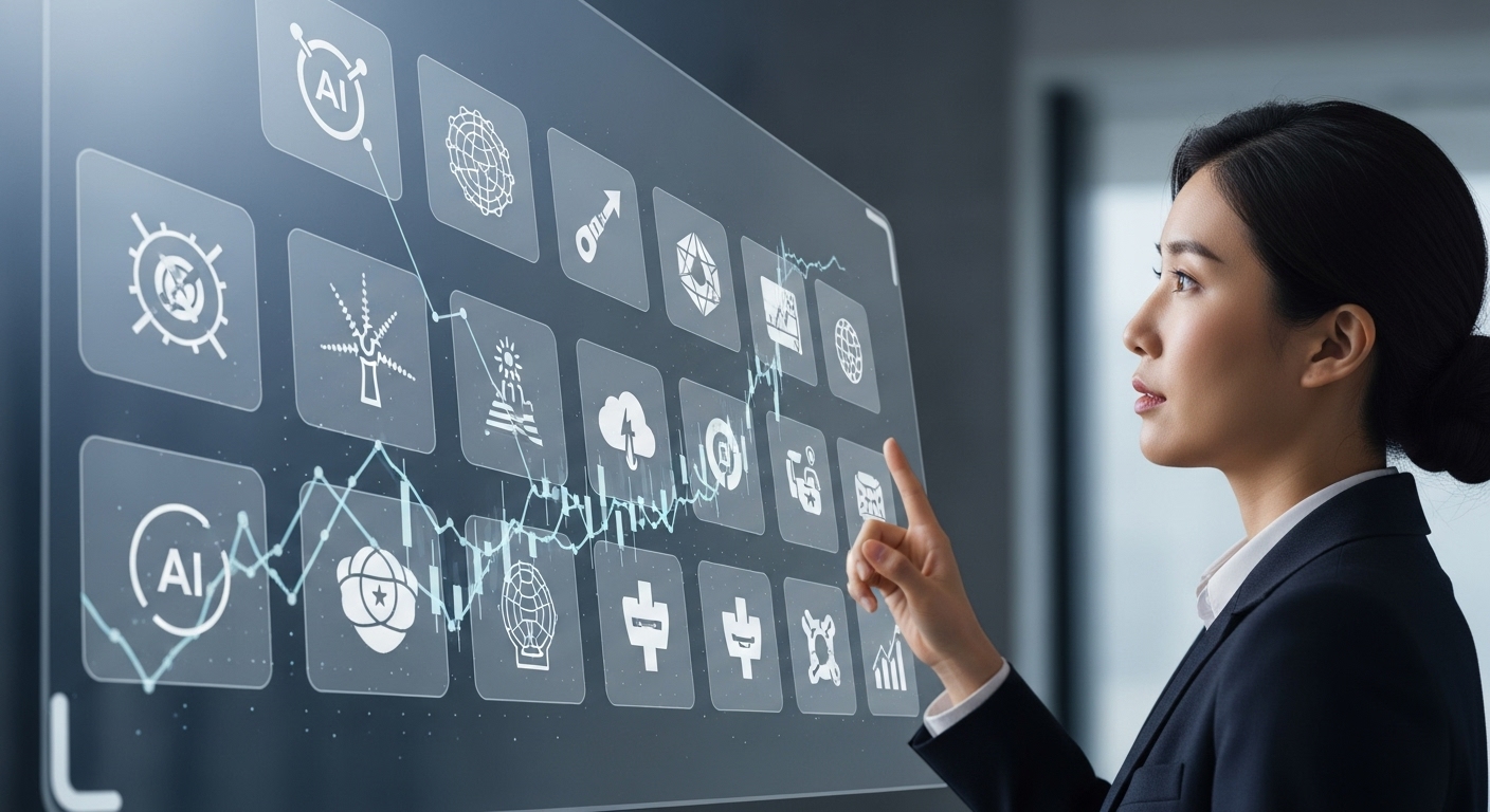 2025년, 주목할 만한 미국 ETF 섹터 및 시장 트렌드 - 인공지능, 재생 에너지, 클라우드 컴퓨팅, 헬스케어 등 다양한 트렌드 섹터를 나타내는 디지털 아이콘들이 미래형 인터페이스에 표시되고, 한 한국인 금융 분석가가 이 트렌드를 관찰하는 모습