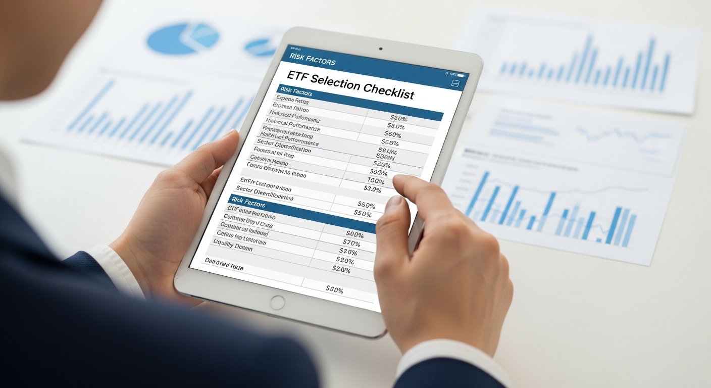 장기투자를 위한 ETF 선정 기준 및 주의사항 - 한 한국인 투자자가 태블릿에서 재무 지표 및 위험 요소 체크리스트를 꼼꼼히 검토하는 모습. 배경에는 흐릿한 그래프들이 보이며, 세부적인 ETF 선정 기준을 강조함