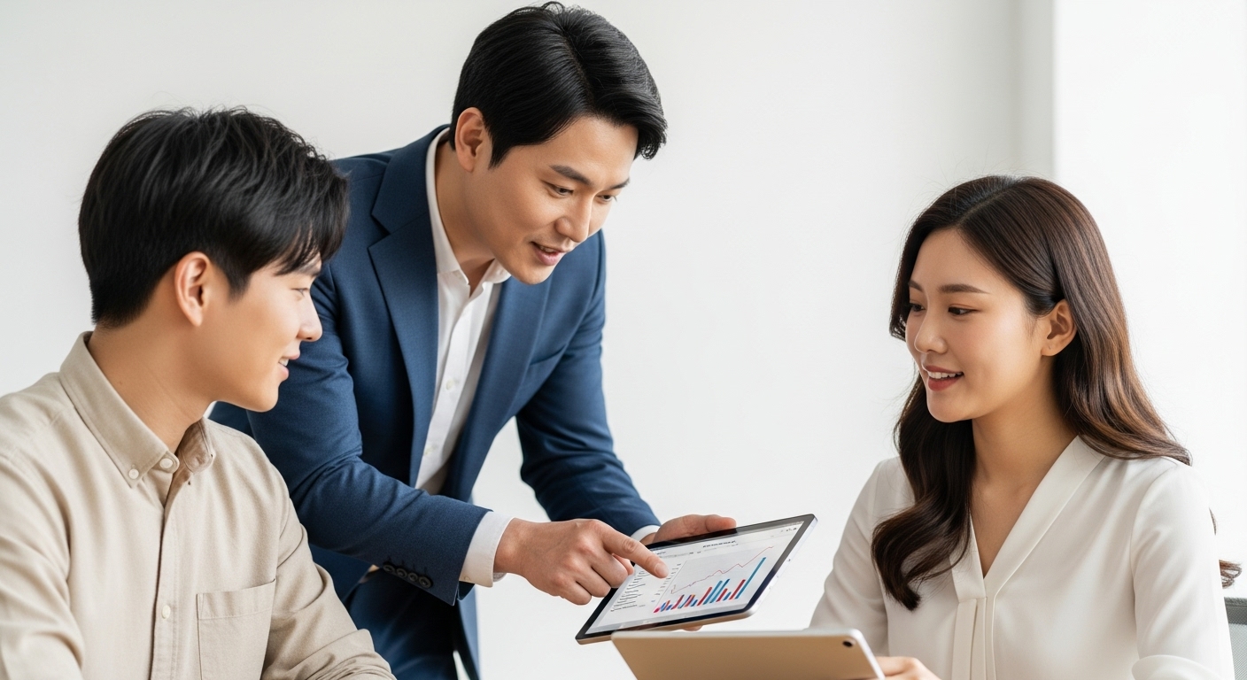 성공적인 미국 ETF 장기투자를 위한 실전 가이드 - 한 한국인 금융 전문가가 젊은 한국인 부부에게 태블릿으로 투자 포트폴리오를 안내하며, 미국 ETF 장기투자를 위한 실질적인 단계를 안심시키는 표정으로 보여주는 모습