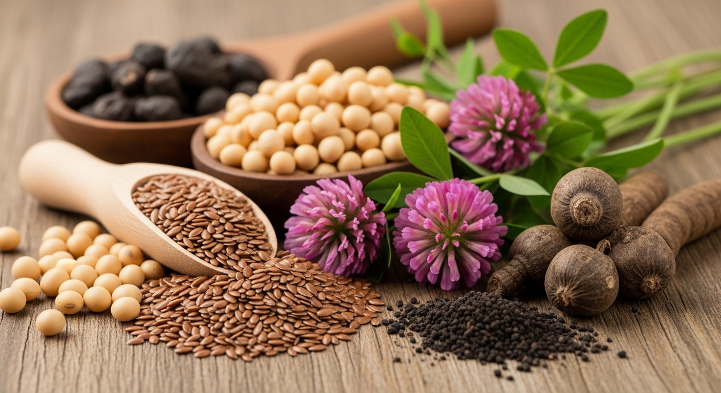 식물성 에스트로겐과 핵심 성분 분석 - 대두, 아마씨, 붉은 토끼풀 꽃, 블랙 코호시 뿌리 등 식물성 에스트로겐 원료들이 나무 테이블 위에 놓인 모습