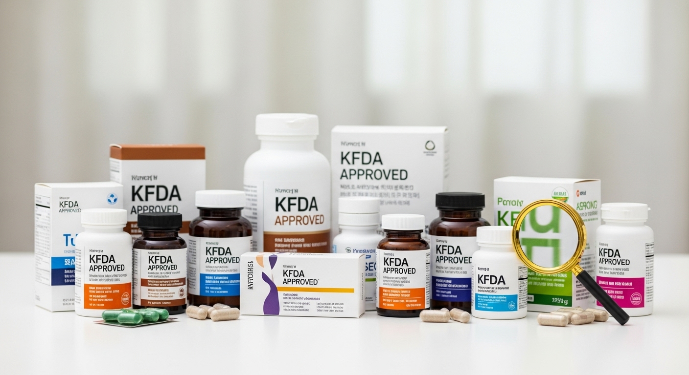 영양제 선택 시 고려사항 및 최신 트렌드 - KFDA 승인 라벨이 있는 다양한 영양제 병과 상자들이 돋보기와 함께 깔끔하게 정렬된 모습