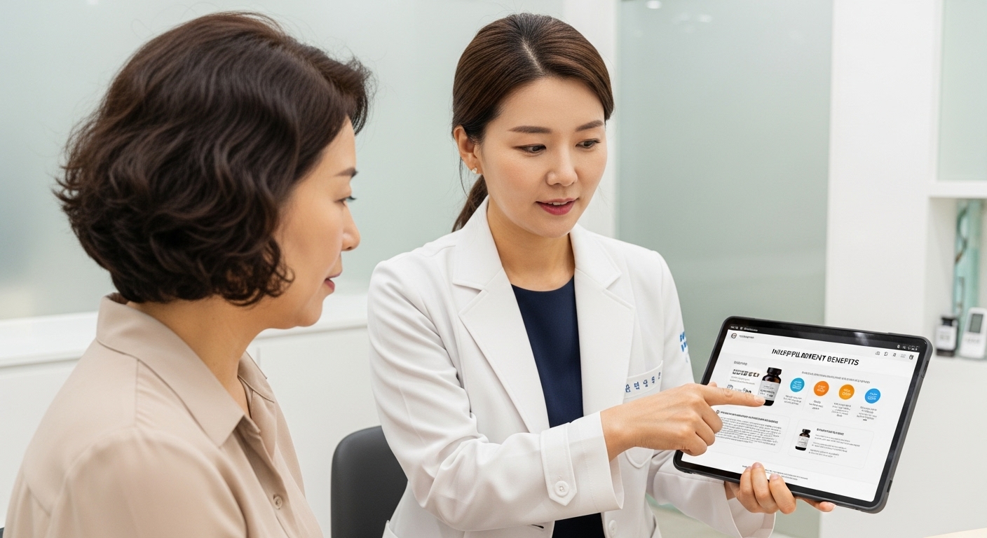 안전한 갱년기 영양제 섭취 가이드 - 40~50대 한국인 여성 의사가 50대 한국인 여성 환자에게 태블릿으로 영양제 정보를 설명하며 상담하는 모습