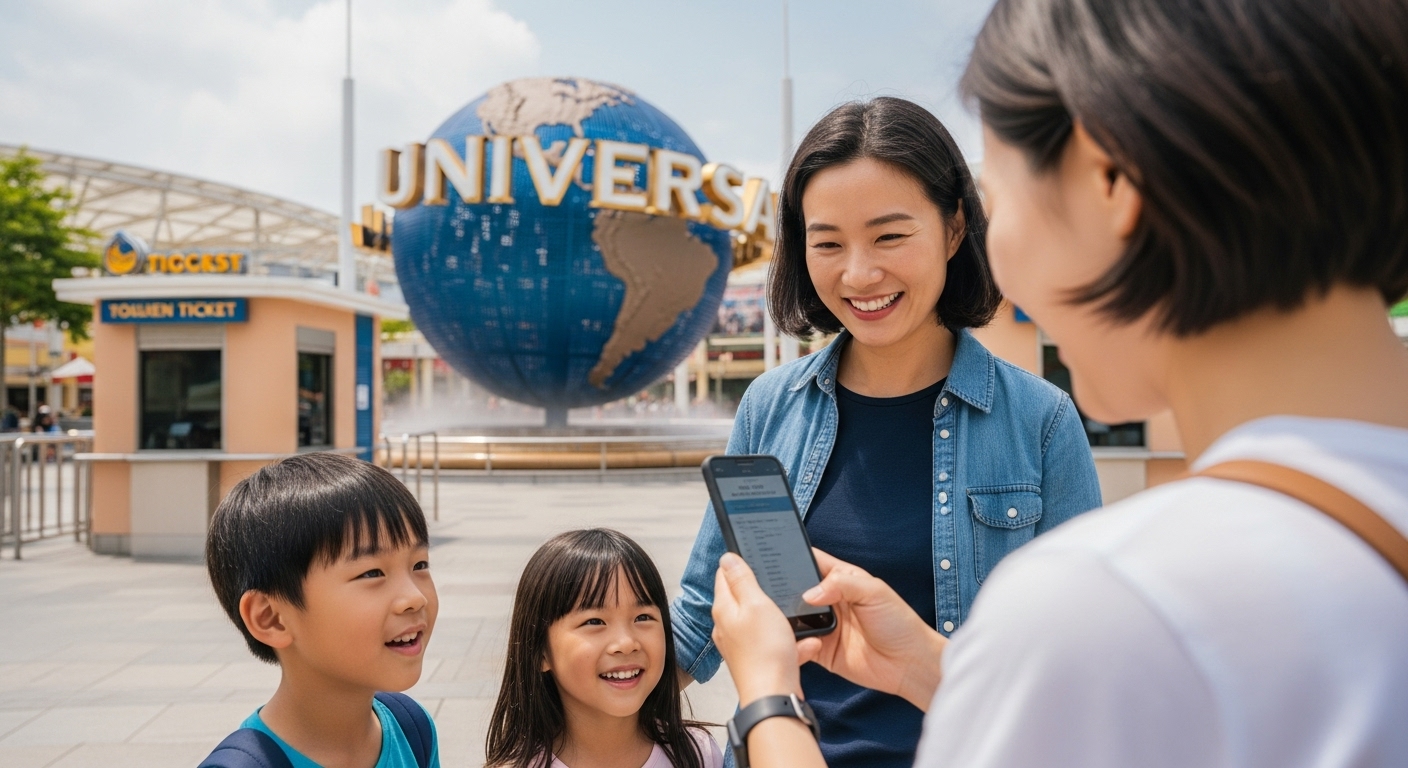 티켓 구매 팁, 운영 시간 및 편의 시설 - 가족이 싱가포르 유니버셜 스튜디오 티켓을 확인하며 입장하는 모습