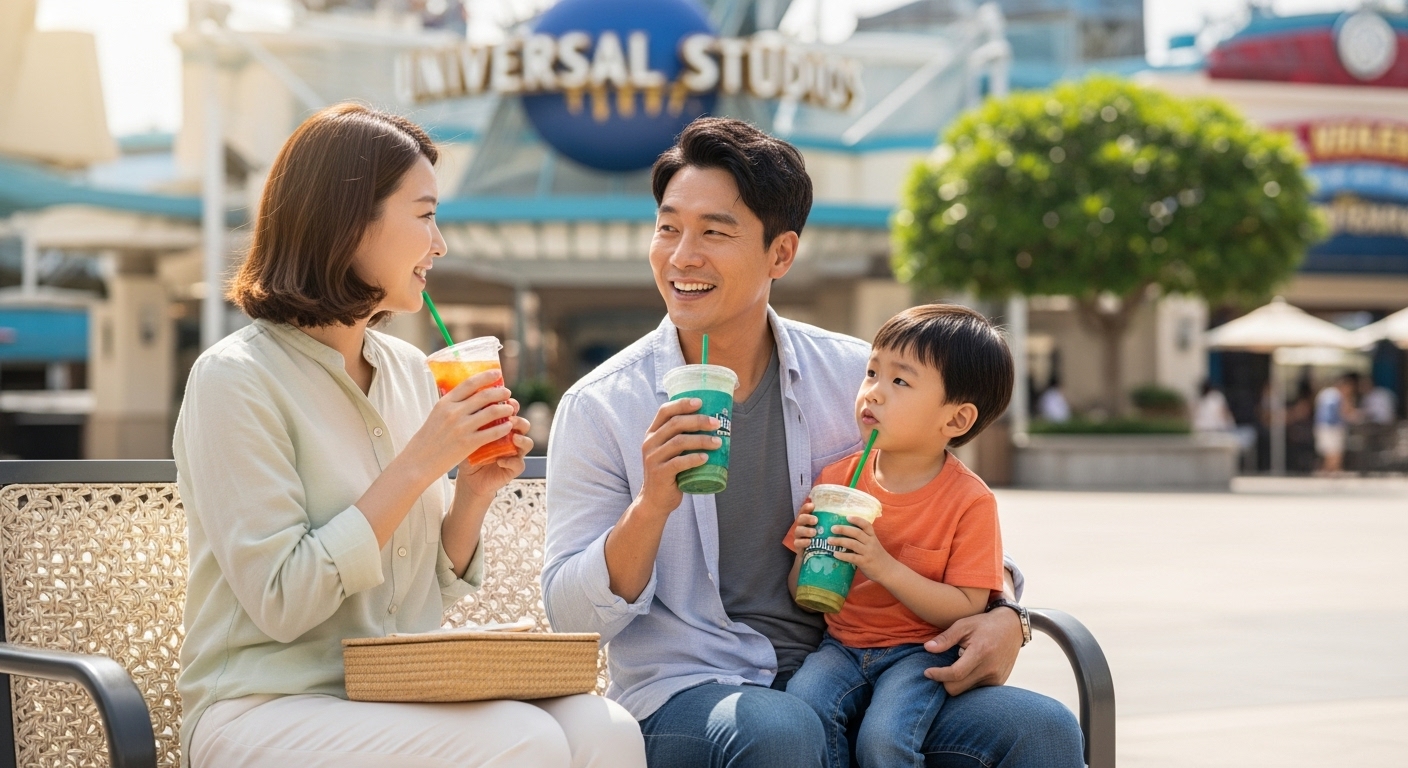 유니버셜 스튜디오 싱가포르 방문 꿀팁 및 2025년 변화된 정책 - 한국인 가족이 유니버셜 스튜디오에서 휴식을 취하며 더위를 식히는 모습