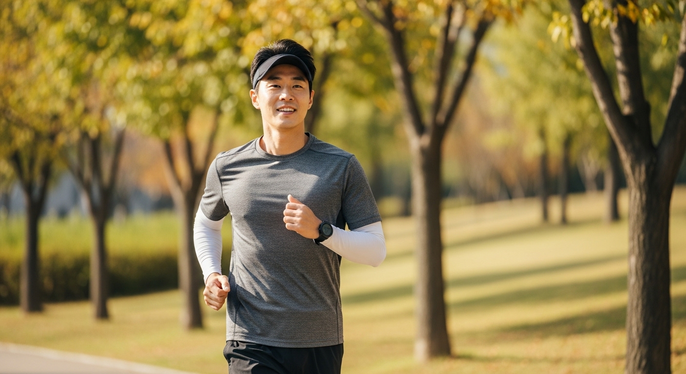 면역력 강화를 위한 규칙적인 생활 습관 - 맑은 가을 공원에서 조깅하는 건강한 한국인 남성